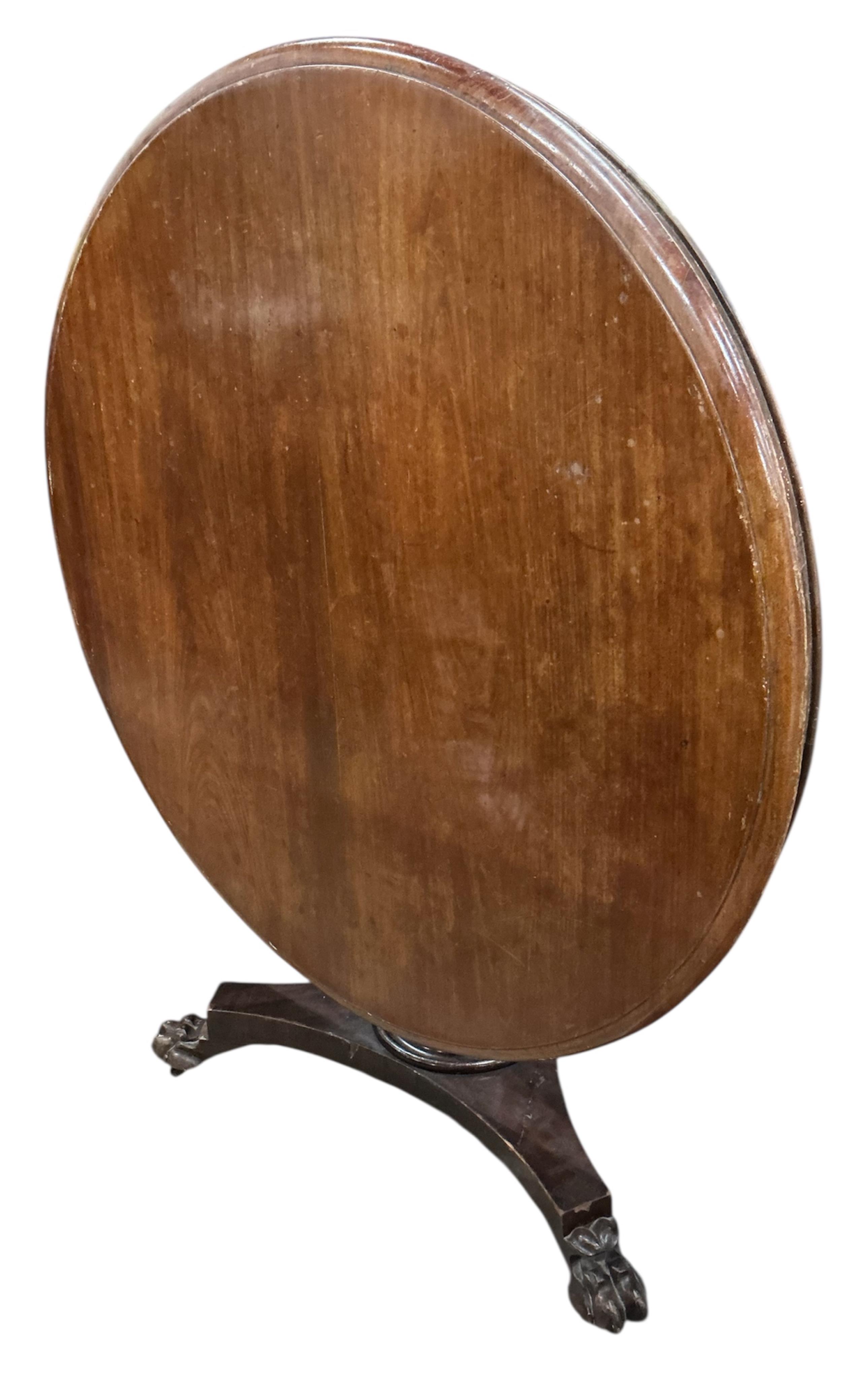 A Victorian circular mahogany tilt top breakfast table, diameter 110cm, height 72cm